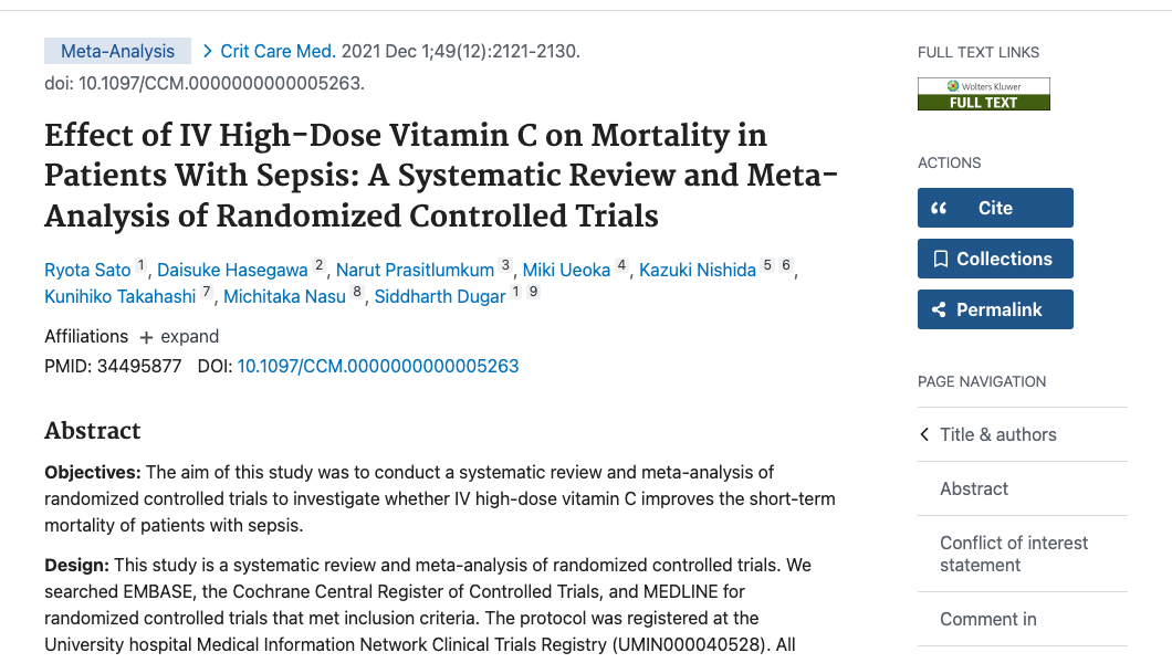 Title and abstract of Effect of IV High-Dose Vitamin C on Mortality in Patients With Sepsis: A Systematic Review and Meta-Analysis of Randomized Controlled Trials.