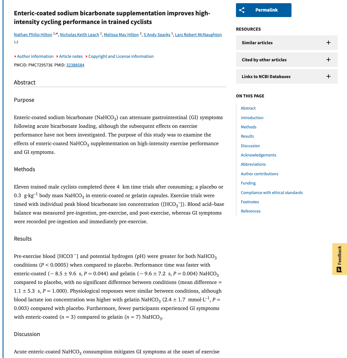 Title and abstract of Enteric-coated sodium bicarbonate supplementation improves high-intensity cycling performance in trained cyclists