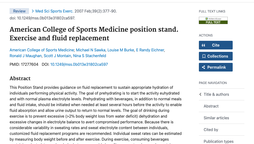 Title and abstract of American College of Sports Medicine position stand. Exercise and fluid replacement
