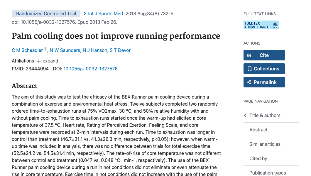 Title and abstract of Palm cooling does not improve running performance.