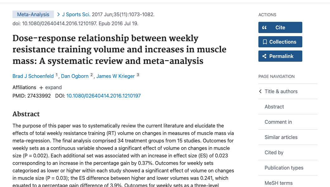 Title and abstract of Dose-response relationship between weekly resistance training volume and increases in muscle mass