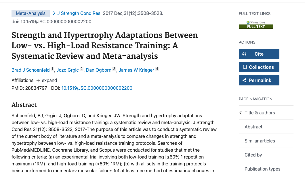 Title and abstract of Strength and hypertrophy adaptations between low- vs. high-load resistance training: a systematic review and meta-analysis