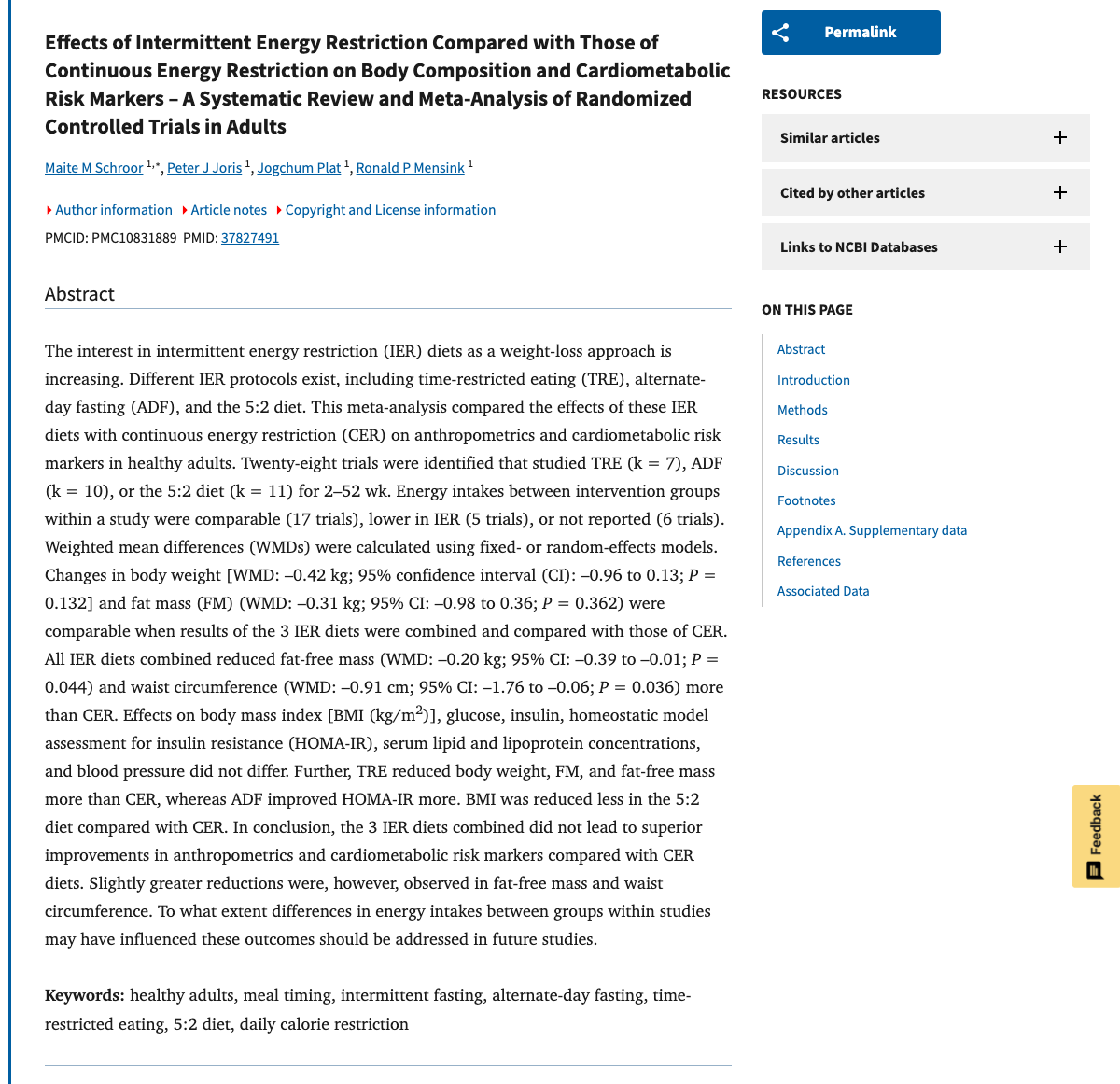 Title and abstract of Effects of Intermittent Energy Restriction Compared with Those of Continuous Energy Restriction on Body Composition and Cardiometabolic Risk Markers - A Systematic Review and Meta-Analysis of Randomized Controlled Trials in Adults.