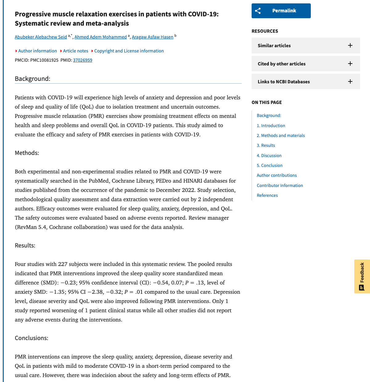 Title and abstract of Progressive muscle relaxation exercises in patients with COVID-19: Systematic review and meta-analysis.