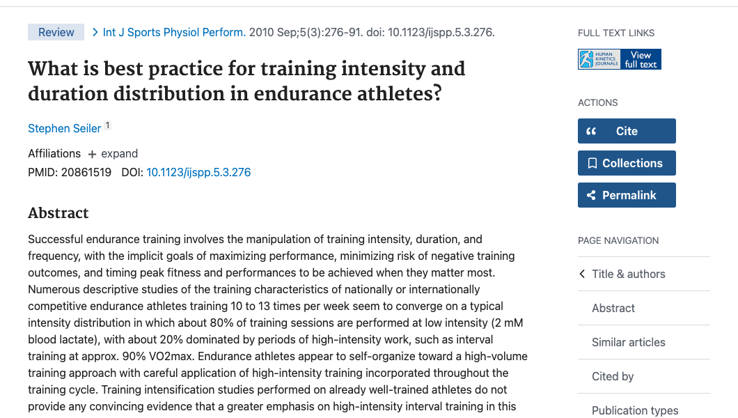 Title and abstract of What is Best Practice for Training Intensity and Duration Distribution in Endurance Athletes?