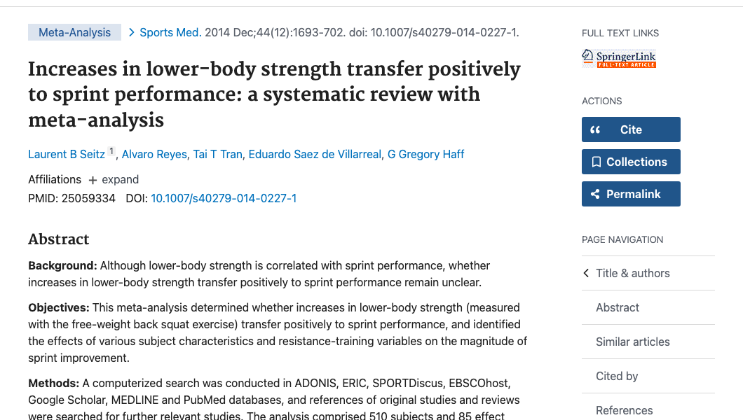 Title and abstract of Increases in Lower-Body Strength Transfer Positively to Sprint Performance: A Systematic Review with Meta-Analysis