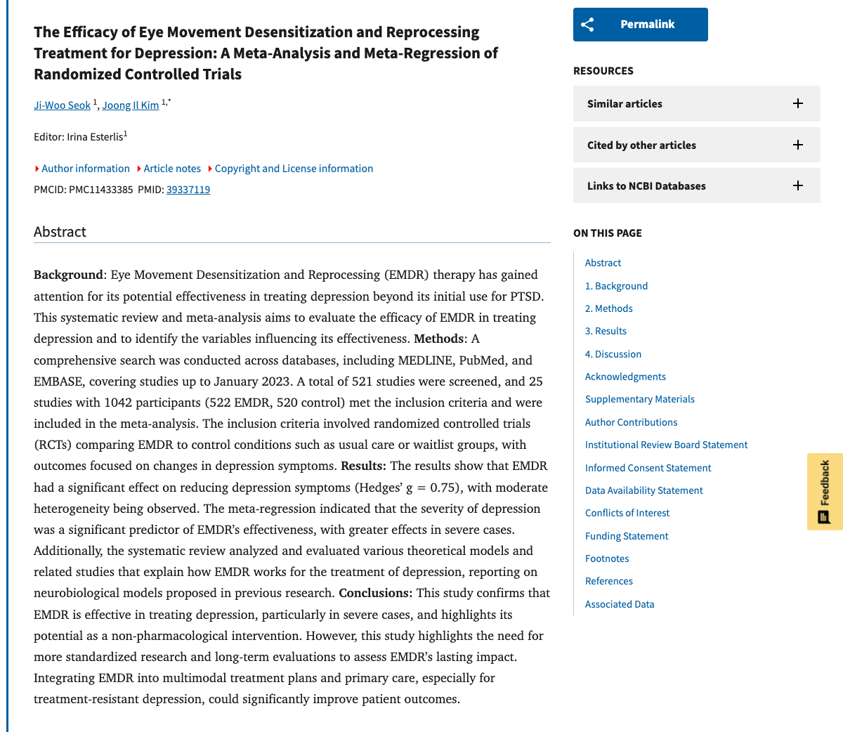 Title and abstract of The Efficacy of Eye Movement Desensitization and Reprocessing Treatment for Depression: A Meta-Analysis and Meta-Regression of Randomized Controlled Trials.