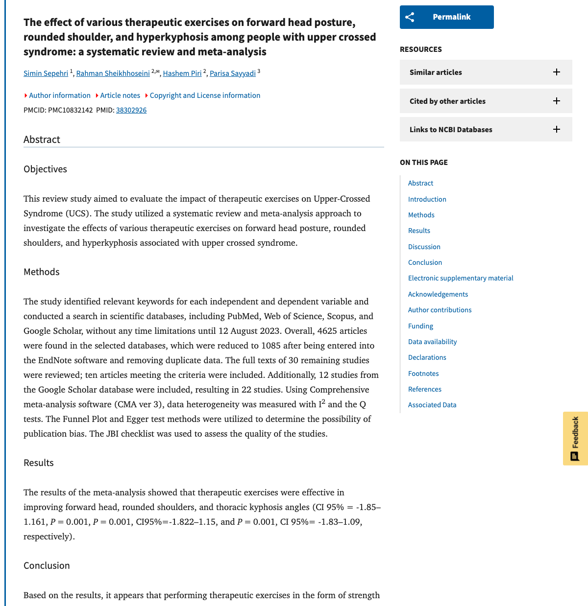 Title and abstract of The effect of various therapeutic exercises on forward head posture, rounded shoulder, and hyperkyphosis among people with upper crossed syndrome: a systematic review and meta-analysis.