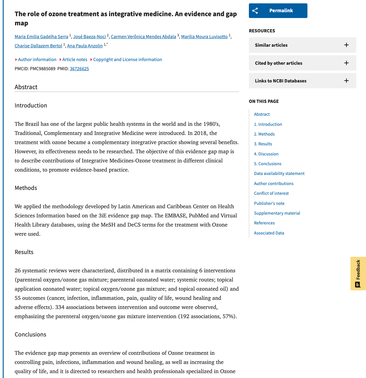 Title and abstract of The role of ozone treatment as integrative medicine. An evidence and gap map.