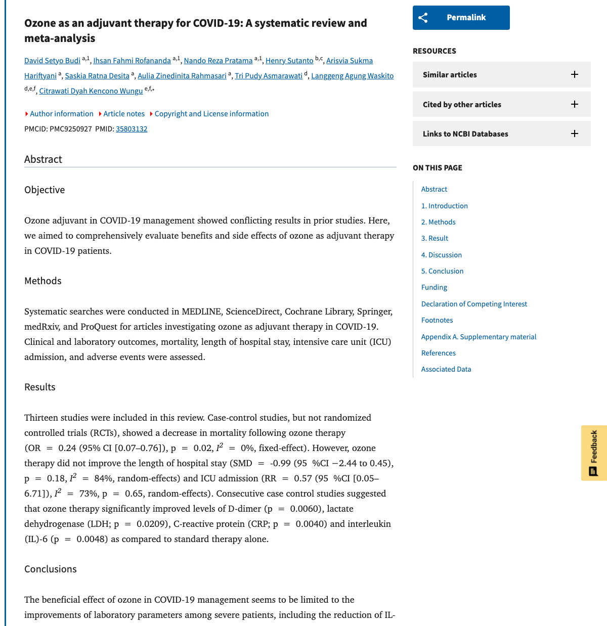 Title and abstract of Ozone as an adjuvant therapy for COVID-19: A systematic review and meta-analysis.