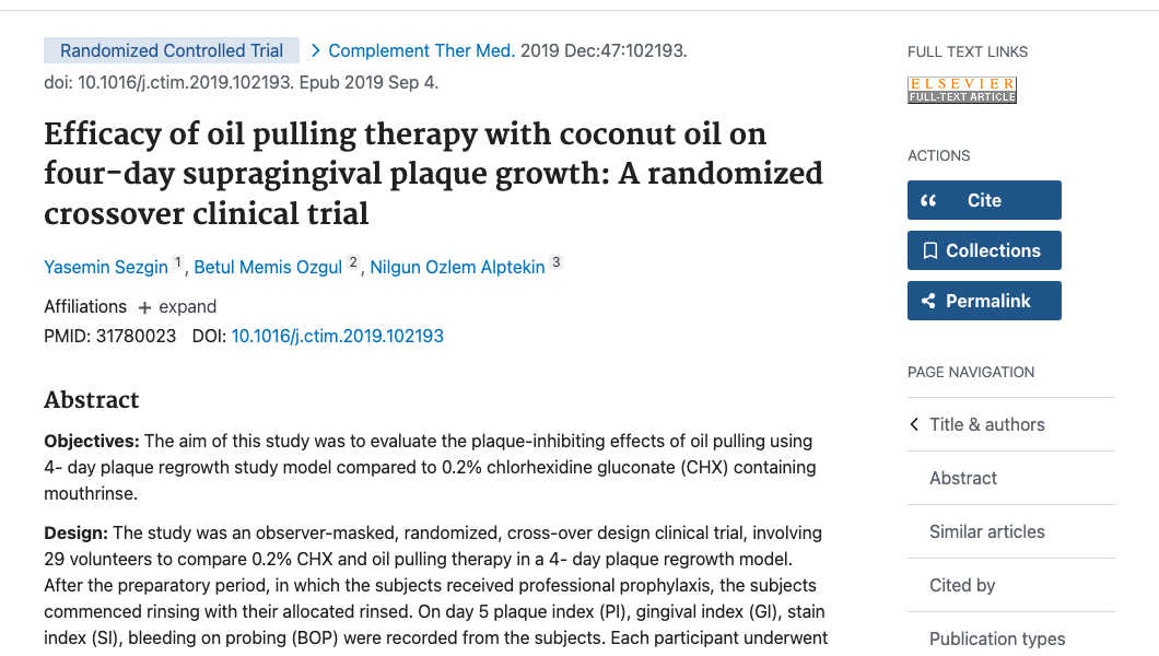 Title and abstract of Efficacy of oil pulling therapy with coconut oil on four-day supragingival plaque growth: A randomized crossover clinical trial.