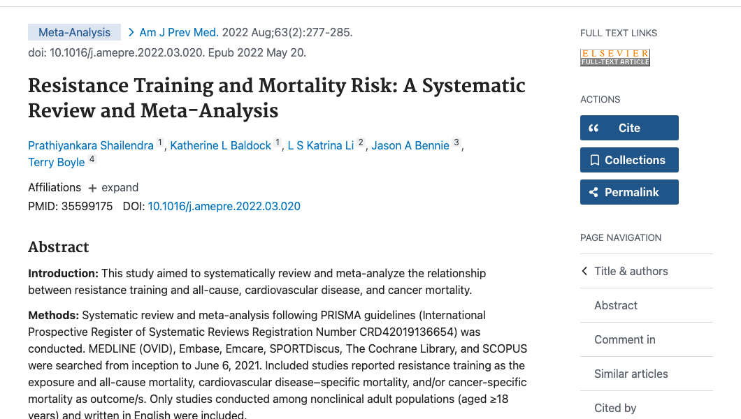 Title and abstract of Resistance Training and Mortality Risk: A Systematic Review and Meta-Analysis.