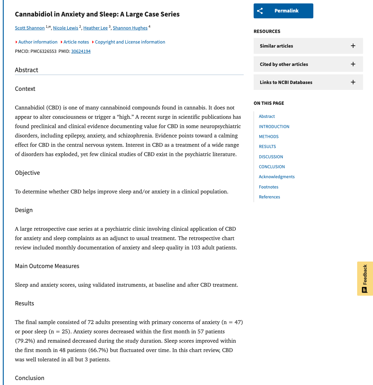 Title and abstract of Cannabidiol in Anxiety and Sleep: A Large Case Series