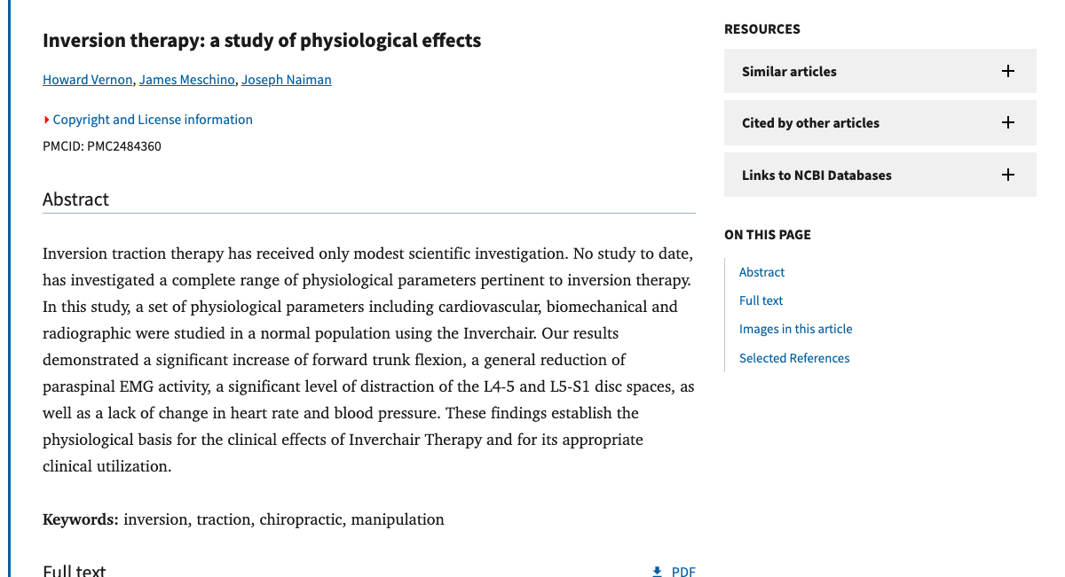 Title and abstract of Inversion therapy: a study of physiological effects