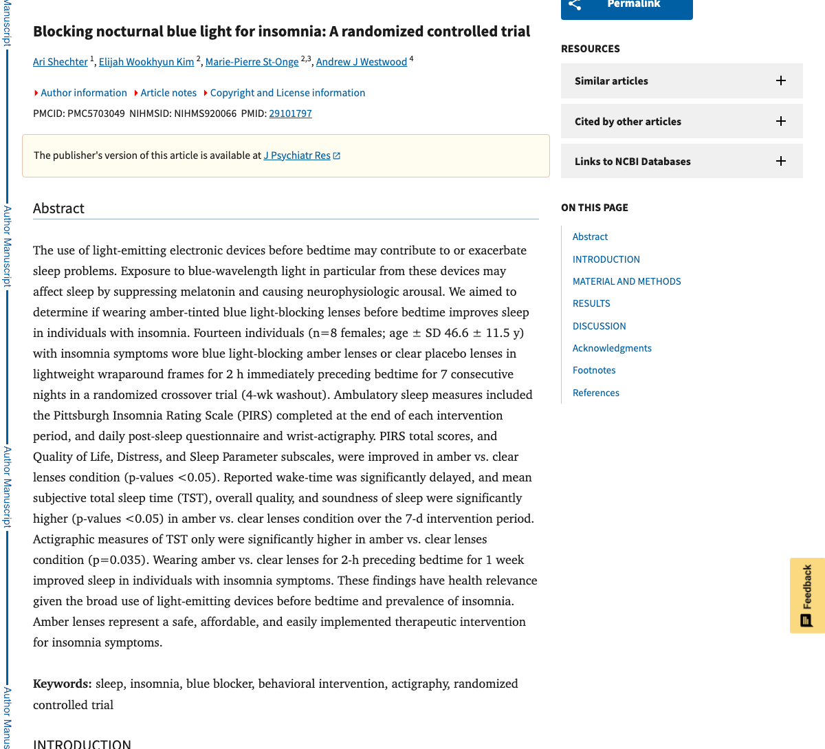 Title and abstract of Blocking nocturnal blue light for insomnia: A randomized controlled trial