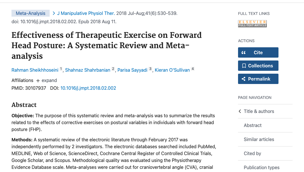 Title and abstract of Effectiveness of Therapeutic Exercise on Forward Head Posture: A Systematic Review and Meta-analysis