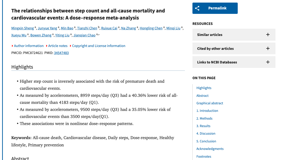 Title and abstract of The relationships between step count and all-cause mortality and cardiovascular events: A dose-response meta-analysis.