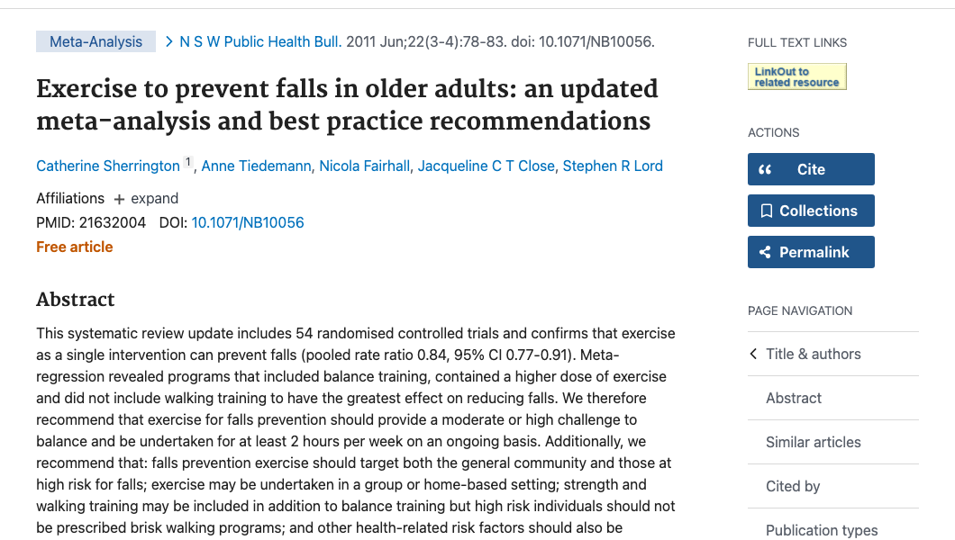 Title and abstract of Exercise to prevent falls in older adults: an updated meta-analysis and best practice recommendations.