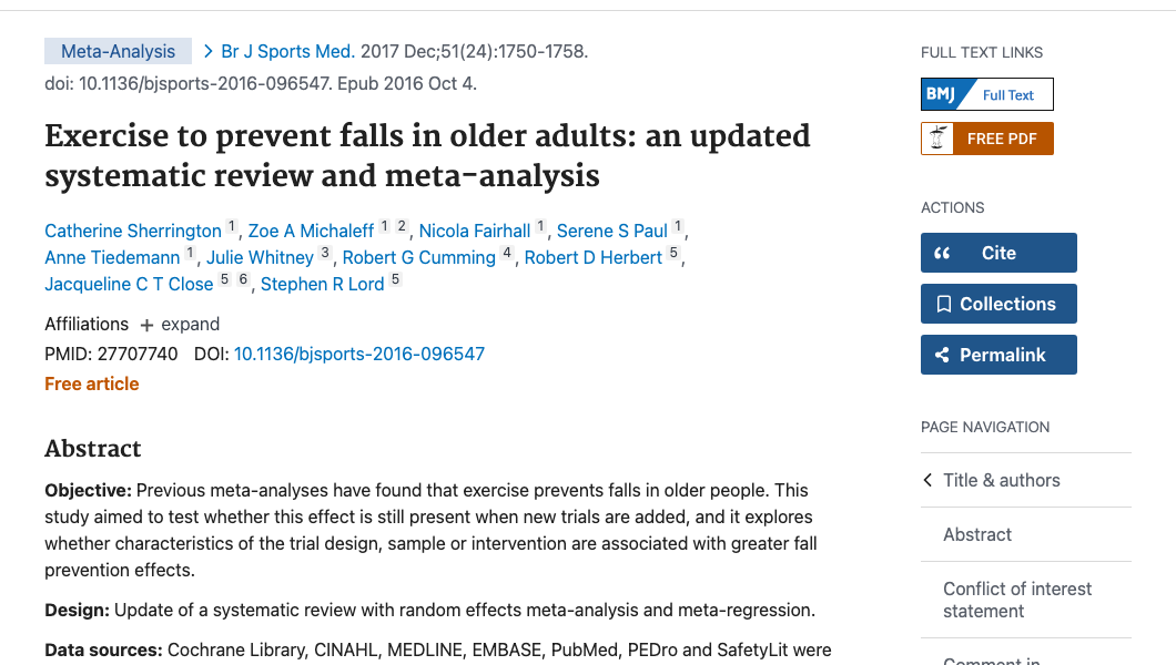 Title and abstract of Exercise to prevent falls in older adults: an updated systematic review and meta-analysis.