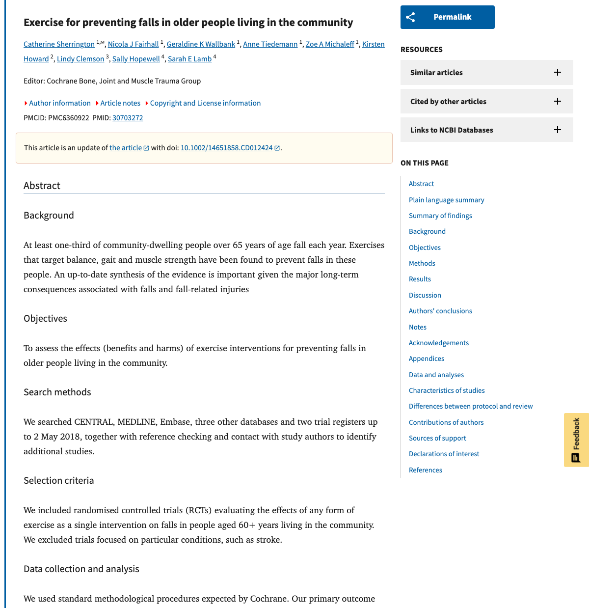 Title and abstract of Exercise for preventing falls in older people living in the community