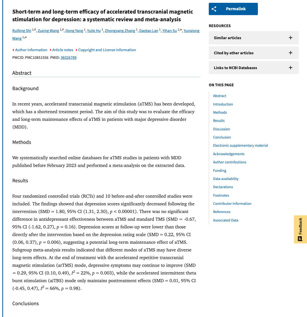 Title and abstract of Short-term and long-term efficacy of accelerated transcranial magnetic stimulation for depression: a systematic review and meta-analysis.
