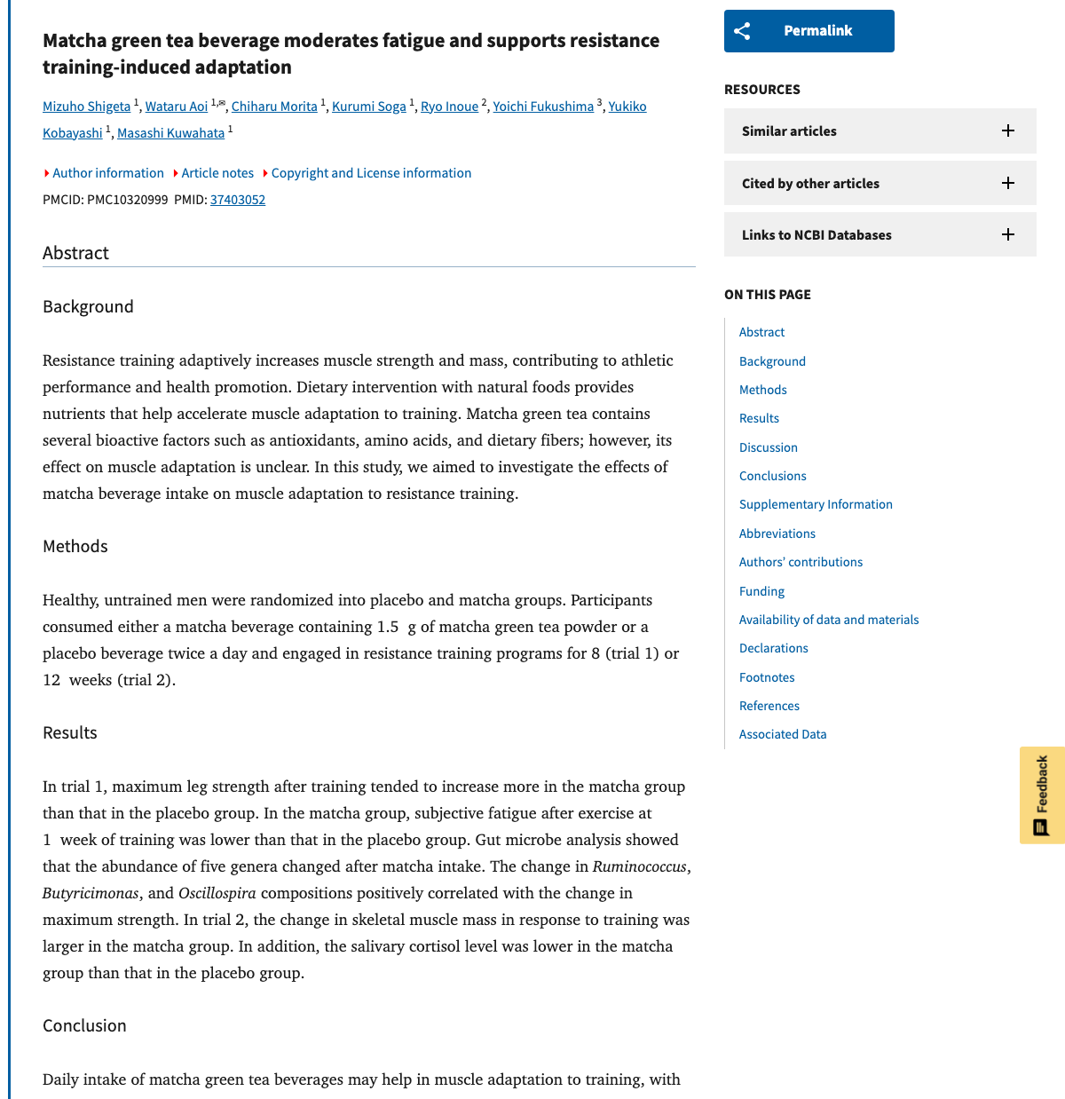 Title and abstract of Matcha green tea beverage moderates fatigue and supports resistance training-induced adaptation.