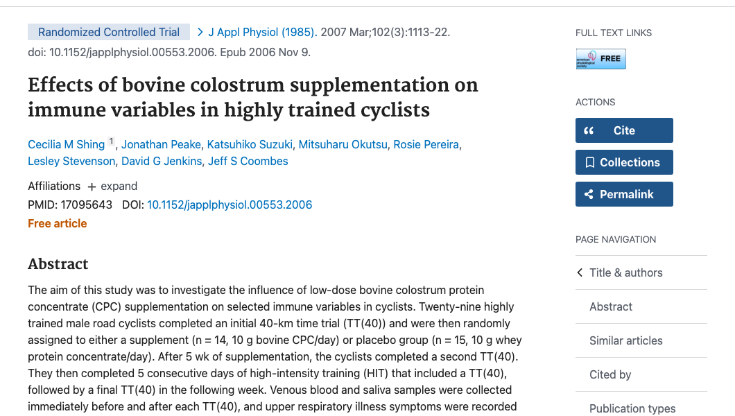 Title and abstract of Effects of bovine colostrum supplementation on immune variables in highly trained cyclists