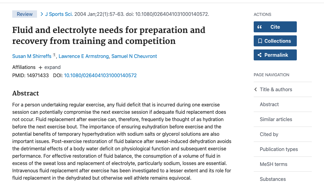 Title and abstract of Fluid and electrolyte needs for preparation and recovery from training and competition