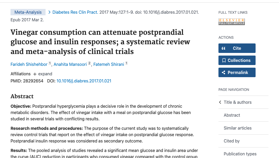 Title and abstract of Vinegar consumption can attenuate postprandial glucose and insulin responses: a systematic review and meta-analysis