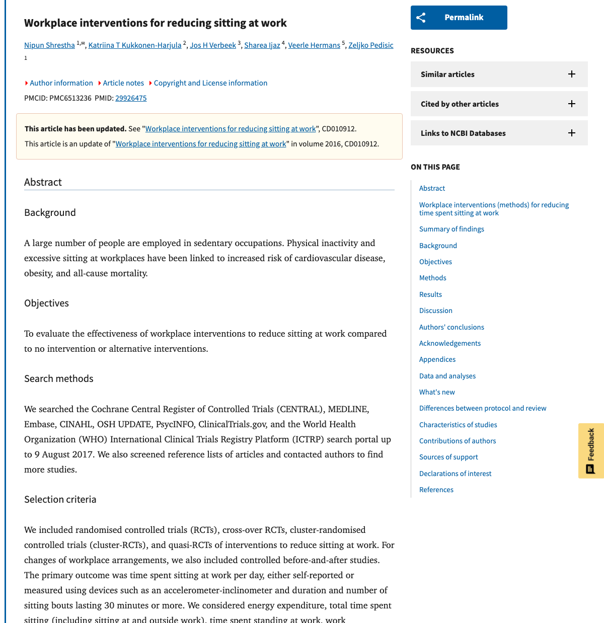 Title and abstract of Workplace interventions for reducing sitting at work.