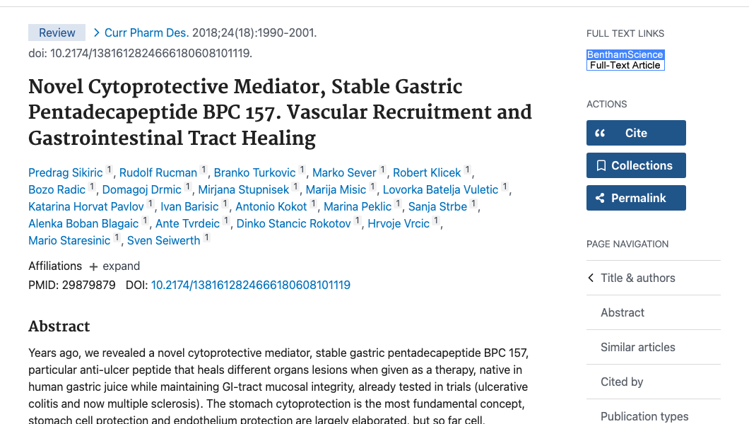 Title and abstract of Novel Cytoprotective Mediator, Stable Gastric Pentadecapeptide BPC 157. Vascular Recruitment and Gastrointestinal Tract Healing