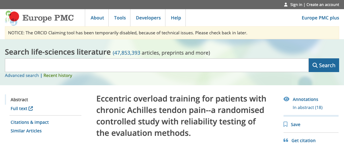 Title and abstract of Eccentric overload training for patients with chronic Achilles tendon pain--a randomised controlled study with reliability testing of the evaluation methods.