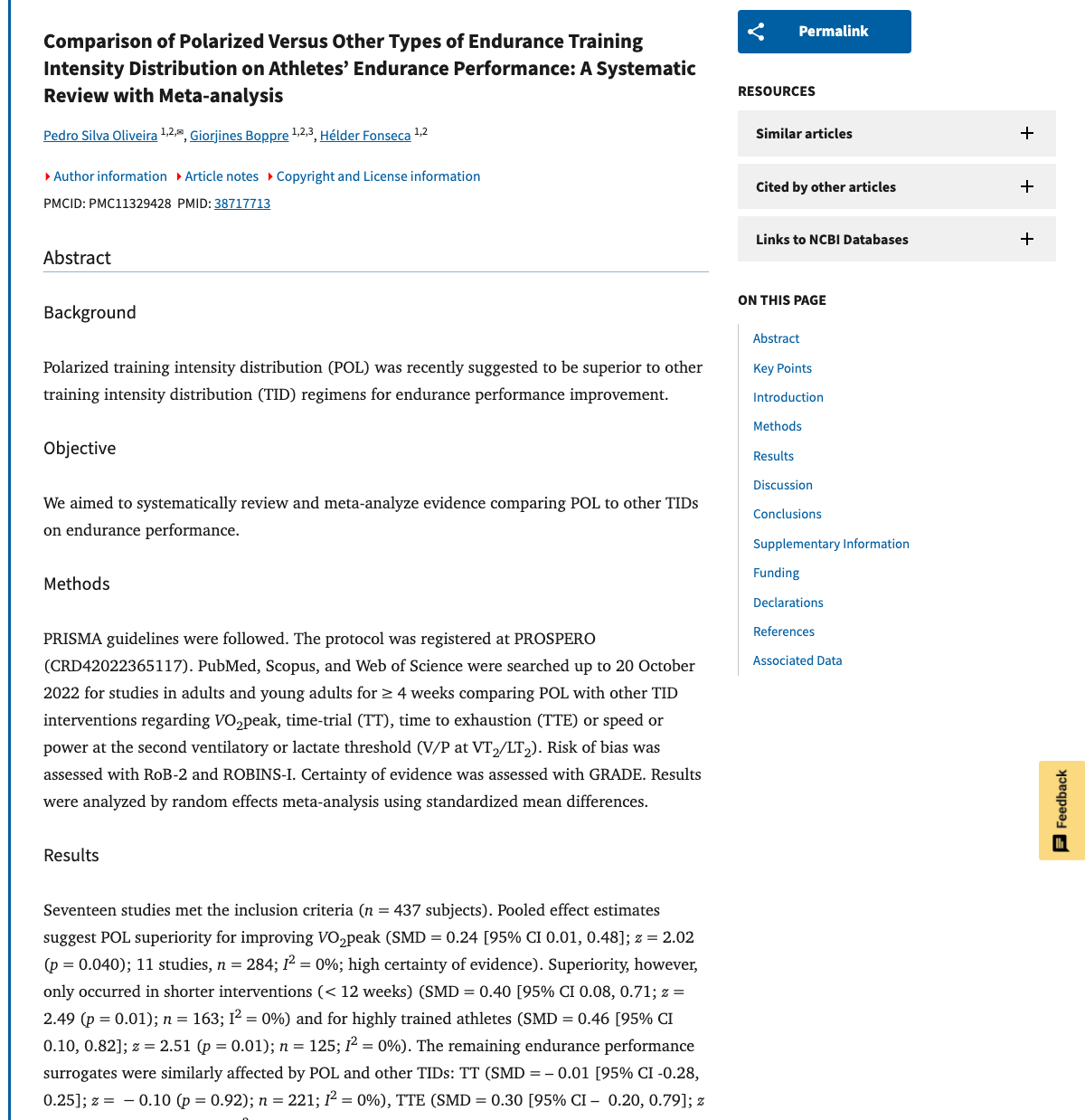 Title and abstract of Comparison of Polarized Versus Other Types of Endurance Training Intensity Distribution on Athletes' Endurance Performance: A Systematic Review with Meta-analysis.