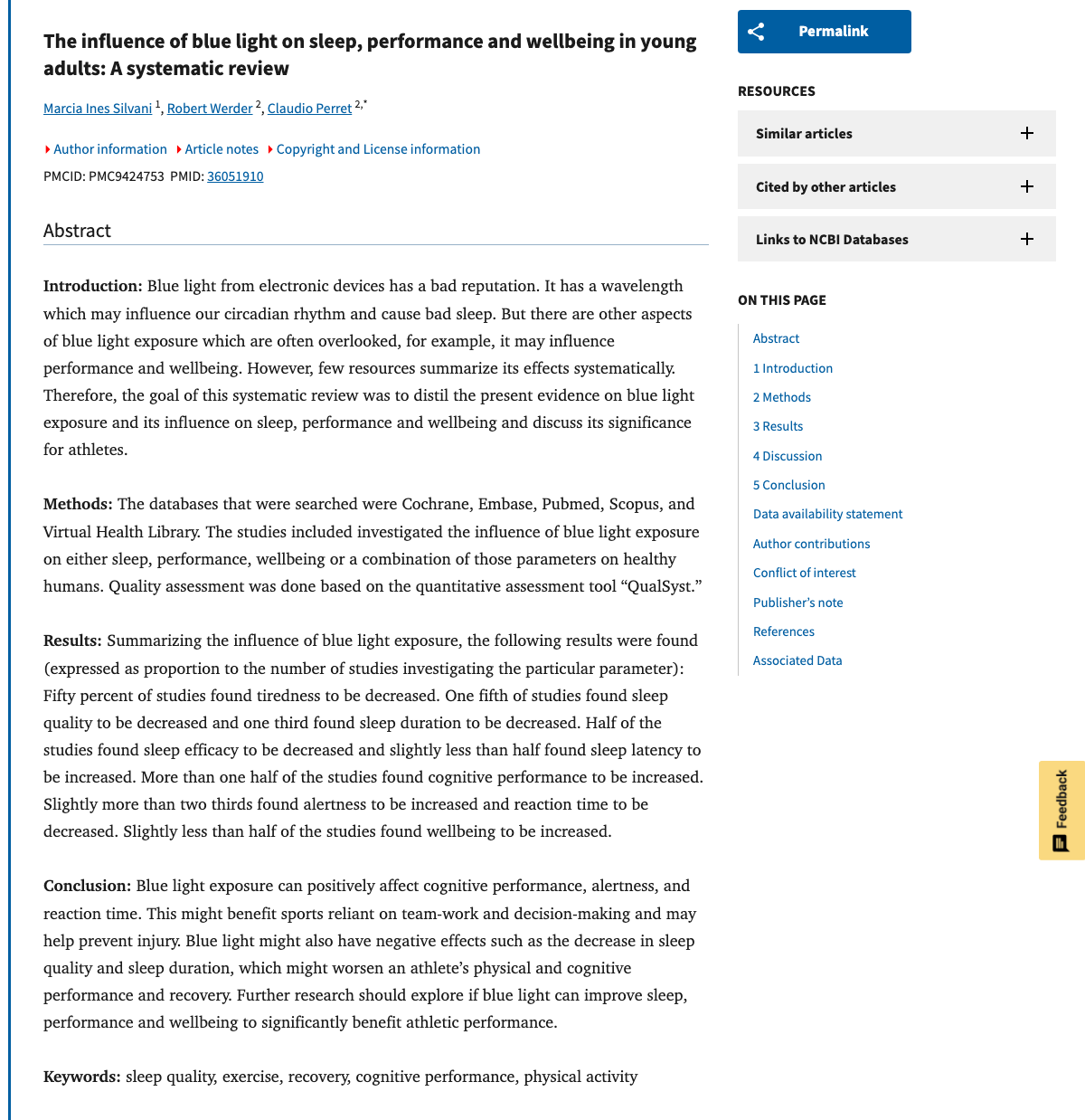 Title and abstract of The influence of blue light on sleep, performance and wellbeing in young adults: A systematic review.