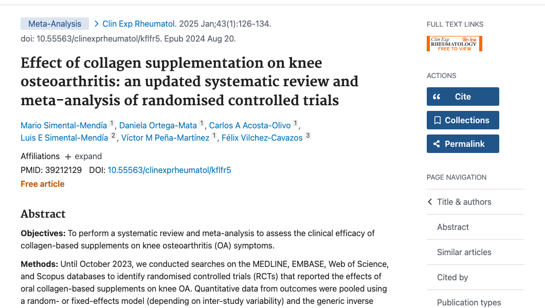 Title and abstract of Effect of collagen supplementation on knee osteoarthritis: an updated systematic review and meta-analysis of randomised controlled trials.