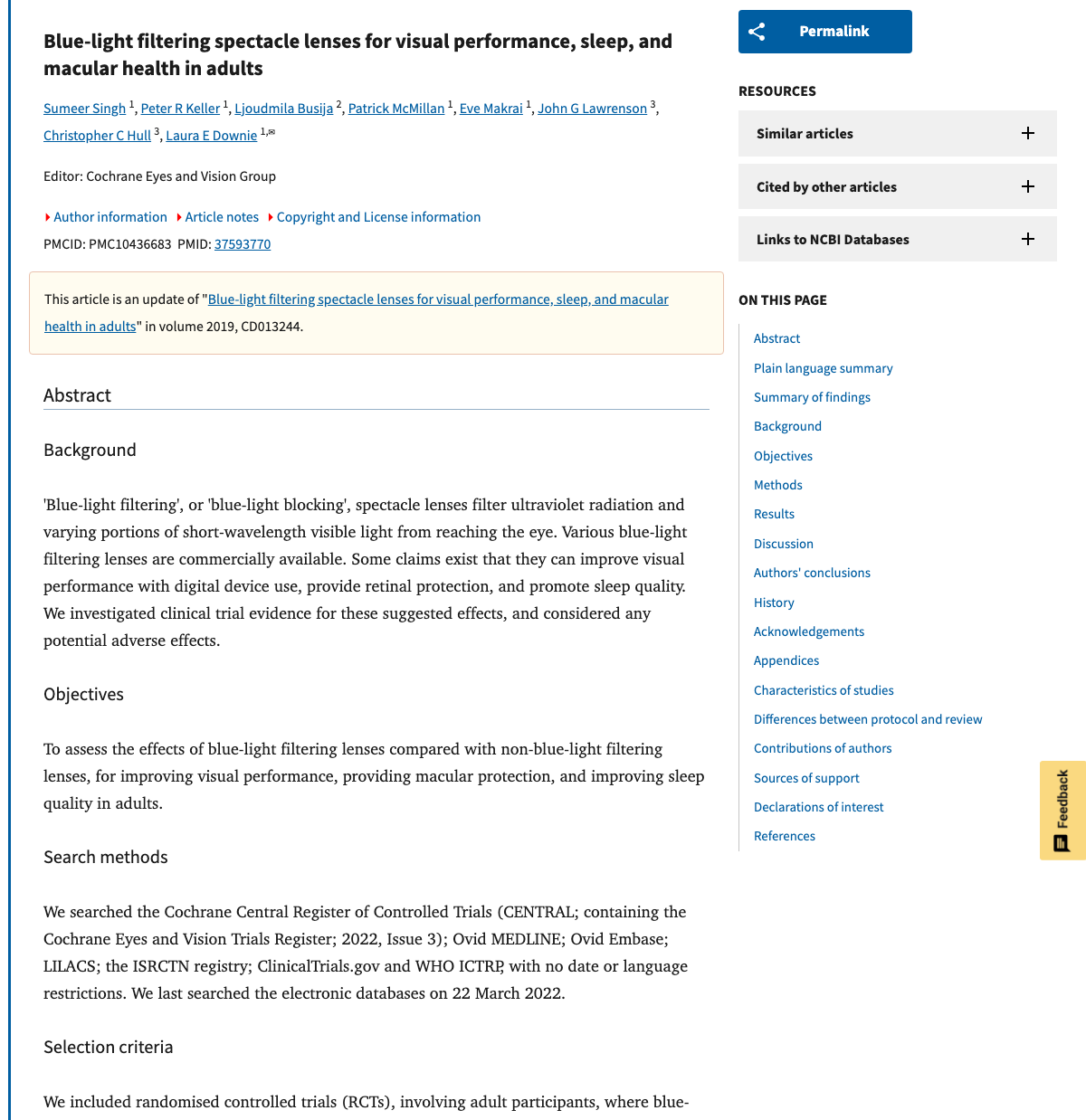 Title and abstract of Blue-light filtering spectacle lenses for visual performance, sleep, and macular health in adults.