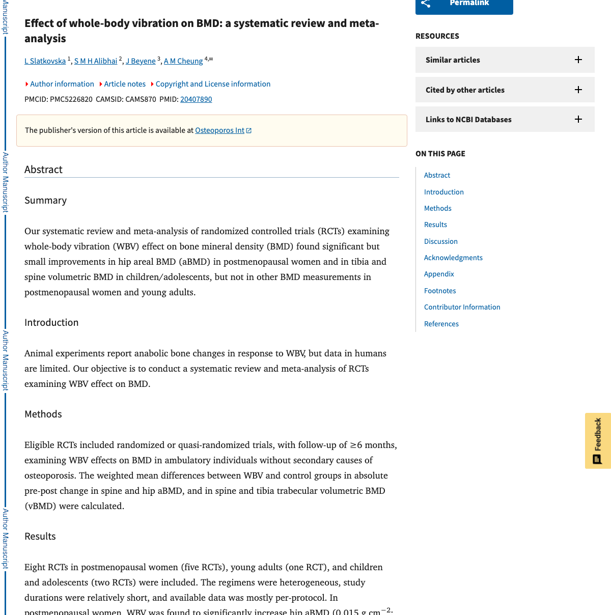 Title and abstract of Effect of whole-body vibration on BMD: a systematic review and meta-analysis