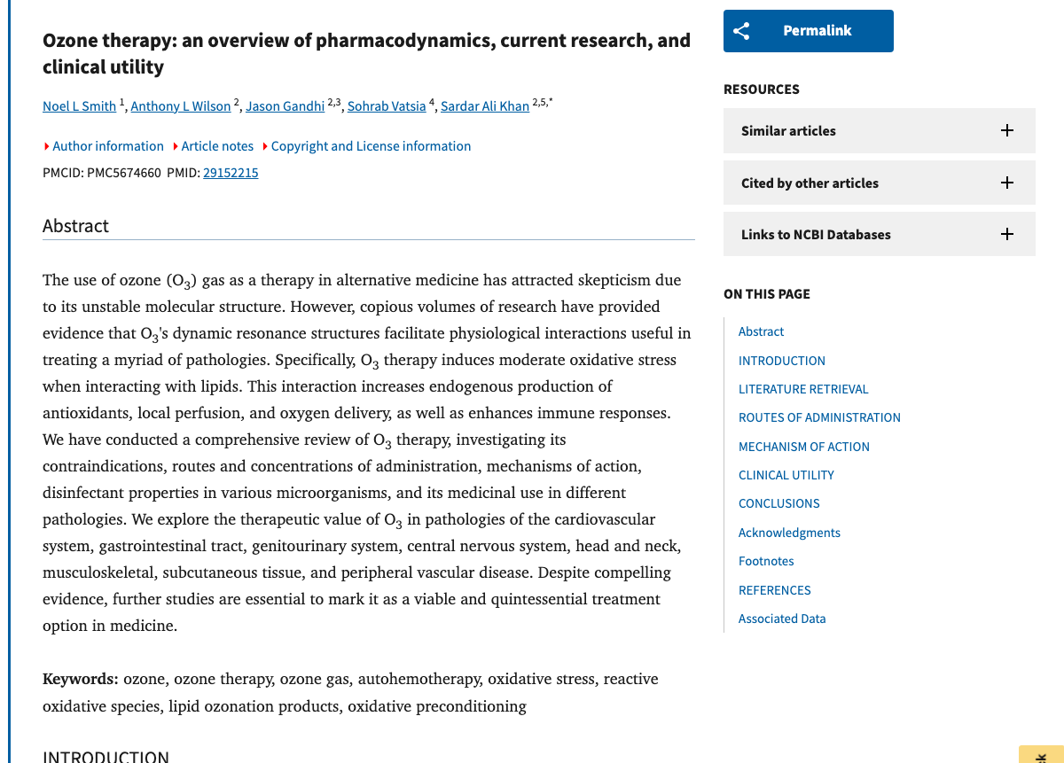 Title and abstract of Ozone therapy: an overview of pharmacodynamics, current research, and clinical utility