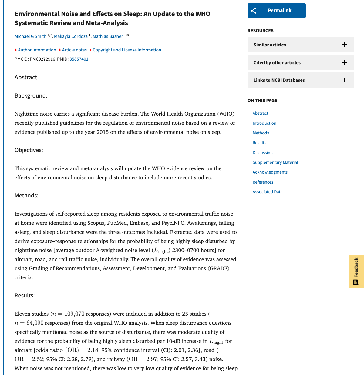 Title and abstract of Environmental Noise and Effects on Sleep: An Update to the WHO Systematic Review and Meta-Analysis.