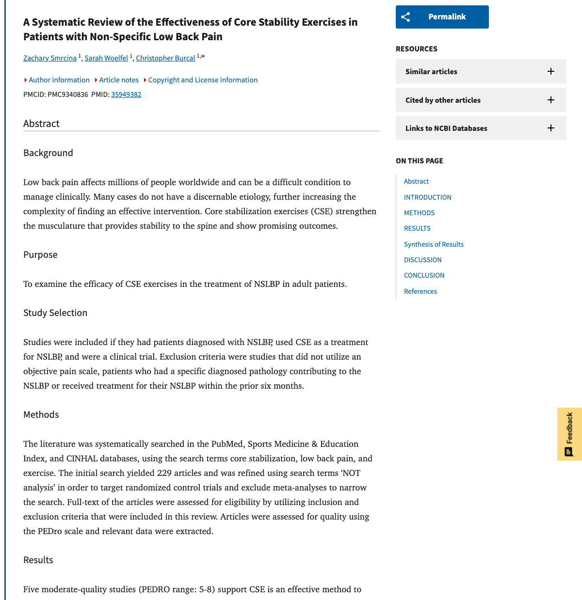Title and abstract of A Systematic Review of the Effectiveness of Core Stability Exercises in Patients with Non-Specific Low Back Pain.