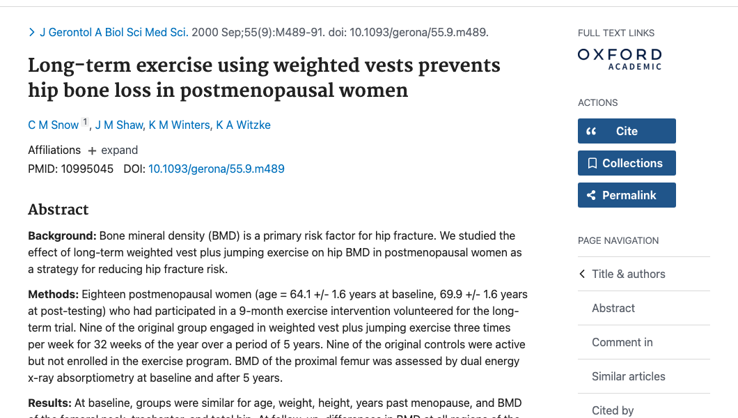 Title and abstract of Long-term exercise using weighted vests prevents hip bone loss in postmenopausal women.