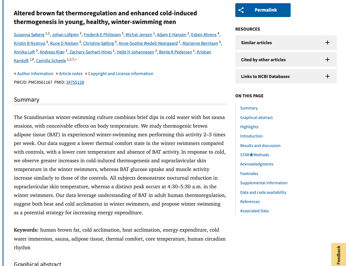 Title and abstract of Altered brown fat thermoregulation and enhanced cold-induced thermogenesis in young, healthy, winter-swimming men