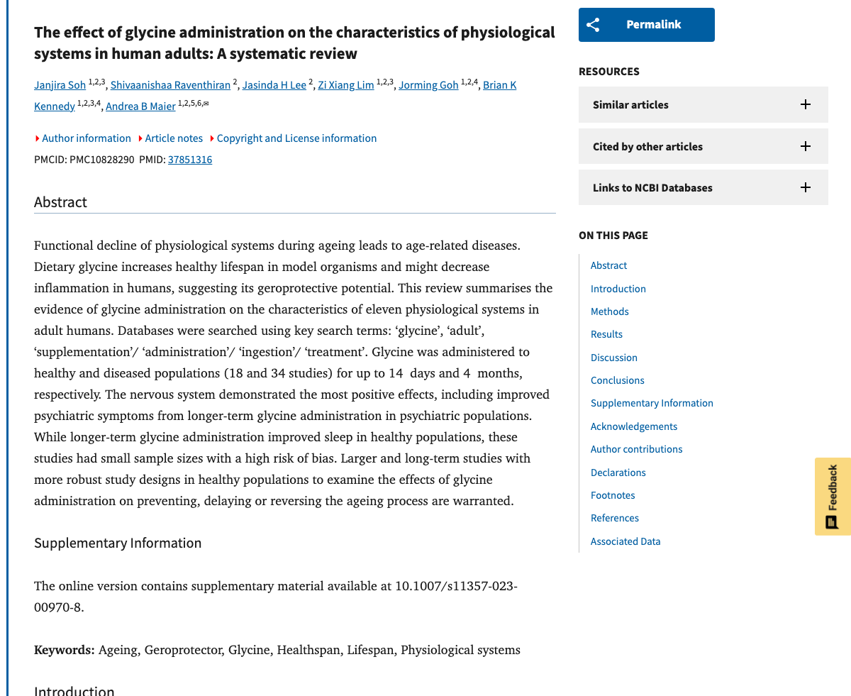 Title and abstract of The effect of glycine administration on the characteristics of physiological systems in human adults: A systematic review.