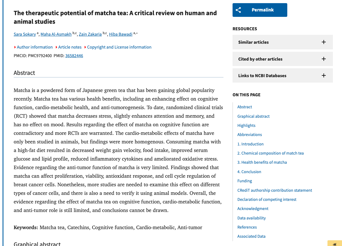 Title and abstract of The therapeutic potential of matcha tea: A critical review on human and animal studies.