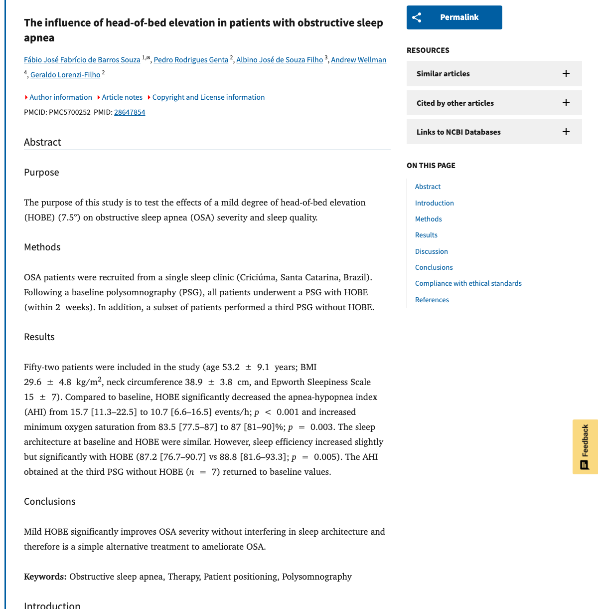 Title and abstract of The influence of head-of-bed elevation in patients with obstructive sleep apnea