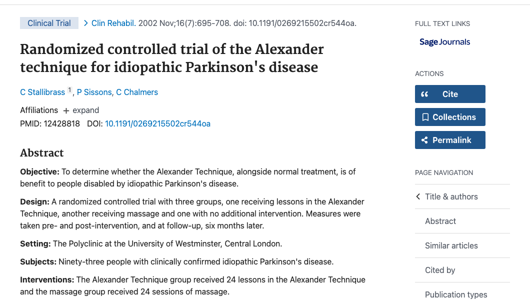 Title and abstract of Randomized controlled trial of the Alexander technique for idiopathic Parkinson's disease
