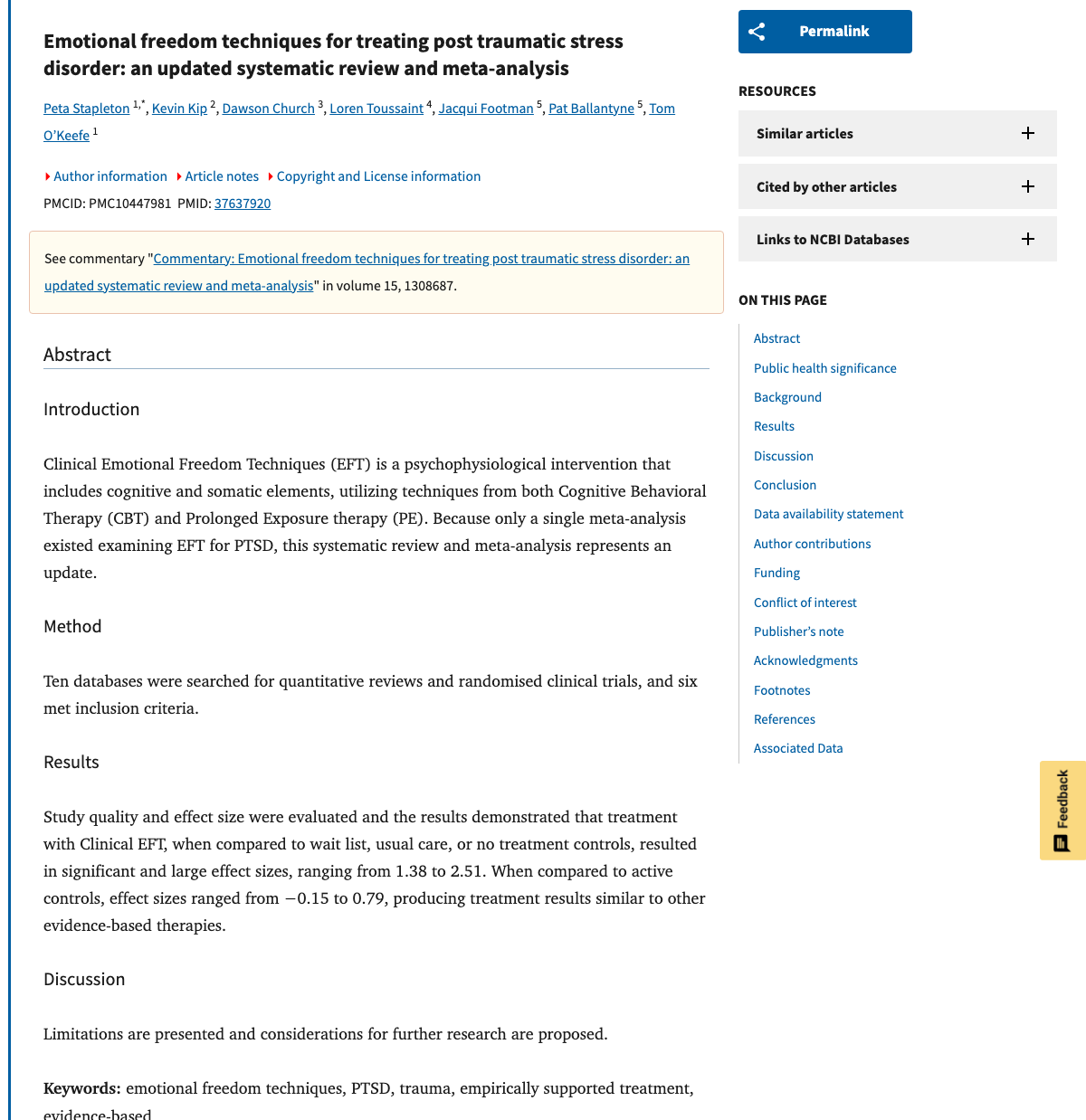 Title and abstract of Emotional freedom techniques for treating post traumatic stress disorder: an updated systematic review and meta-analysis.