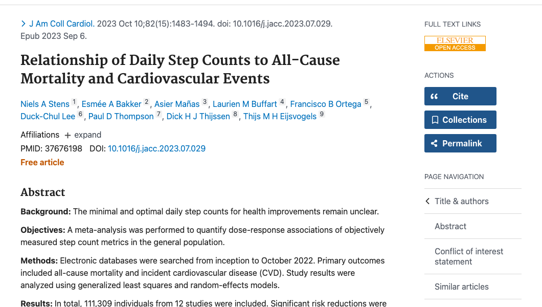 Title and abstract of Relationship of Daily Step Counts to All-Cause Mortality and Cardiovascular Events.