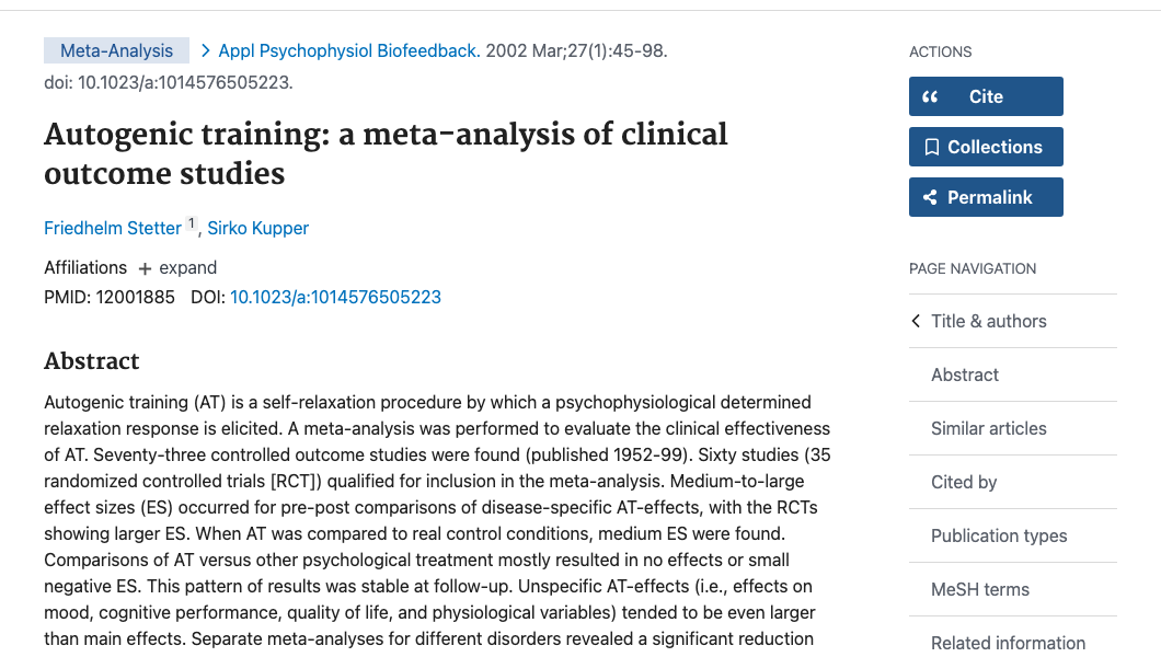 Title and abstract of Autogenic training: A meta-analysis of clinical outcome studies