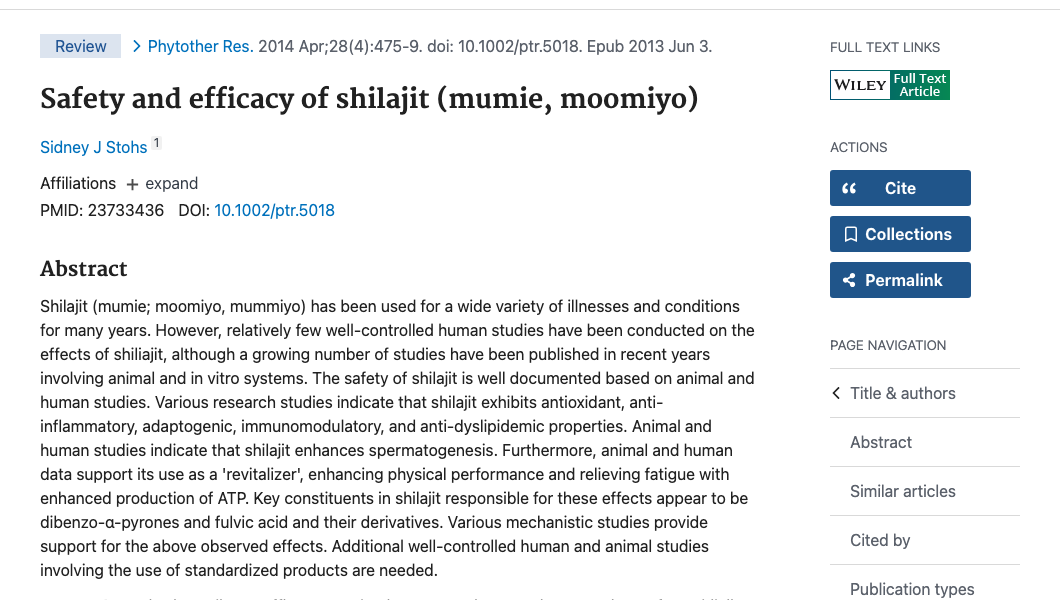 Title and abstract of Safety and efficacy of shilajit (mumie, moomiyo)